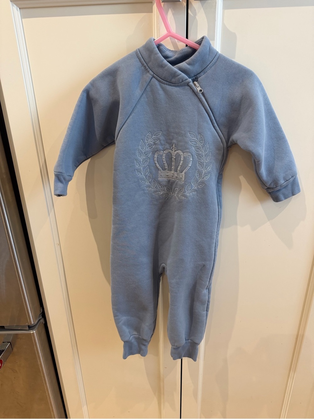 Little star 12m Blue fleece Romper with Crown Embroidery